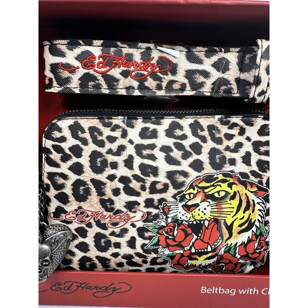 Ed Hardy Leopard Tiger Beltbag with Charms Studded Tattoo Print NWT
